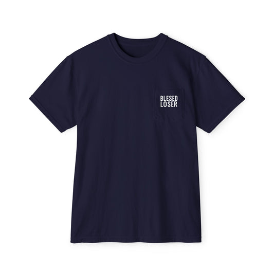 Blessed Loser Hells Bells T-Shirt with Pocket in True Navy color, featuring a left chest pocket and relaxed fit.