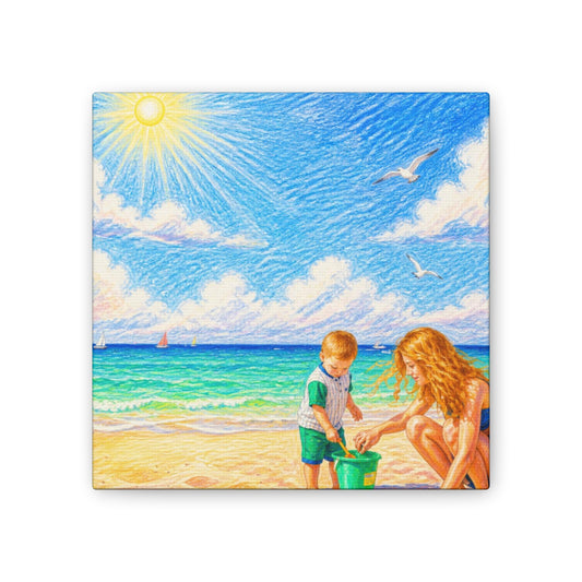 Beach Mom & Son Canvas Wall Art — Sunny Seaside Family Print
