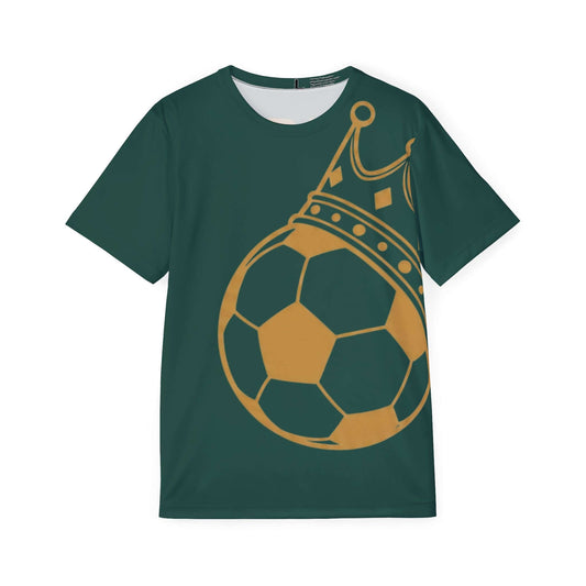 Soccer King Jersey — Custom Numbered Men's Athletic Tee featuring oversized crowned soccer ball design in gold.
