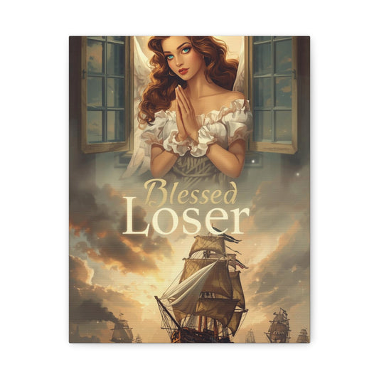 Blessed Loser Design Canvas Wall Art featuring a woman with angelic vibes and ships under a dramatic sky, size 11″ x 14″.