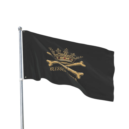 Double-Sided Blessed loser pirate flag featuring a crown and crossbones on a black background.