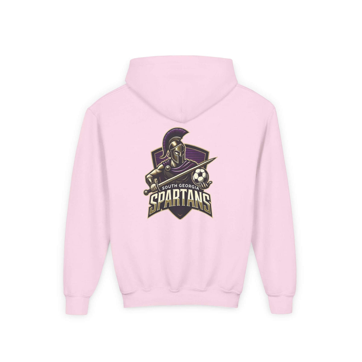 Spartans Youth Hoodie — South Georgia Spartans Soccer Team Logo featuring a bold Spartan emblem on a pink background.