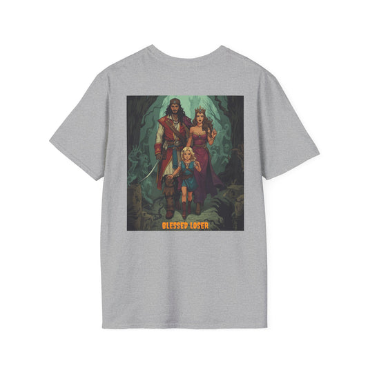 Blessed Loser Design | LUU Sport Grey Unisex Softstyle T-Shirt showcasing unique graphic with characters.