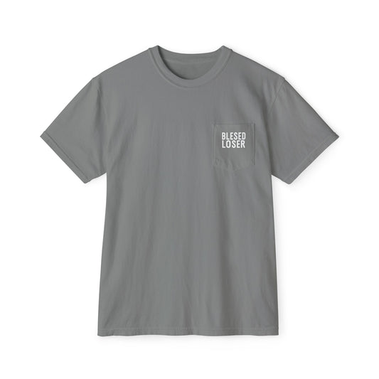 Blessed Loser Captain an Wife Pocket T-Shirt in grey color, showcasing unisex garment-dyed style and comfortable fabric.