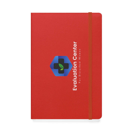 Field Journal/Notebook Hardcover — Evaluation Center Logo Journal, red hardcover notebook with elastic band and logo.