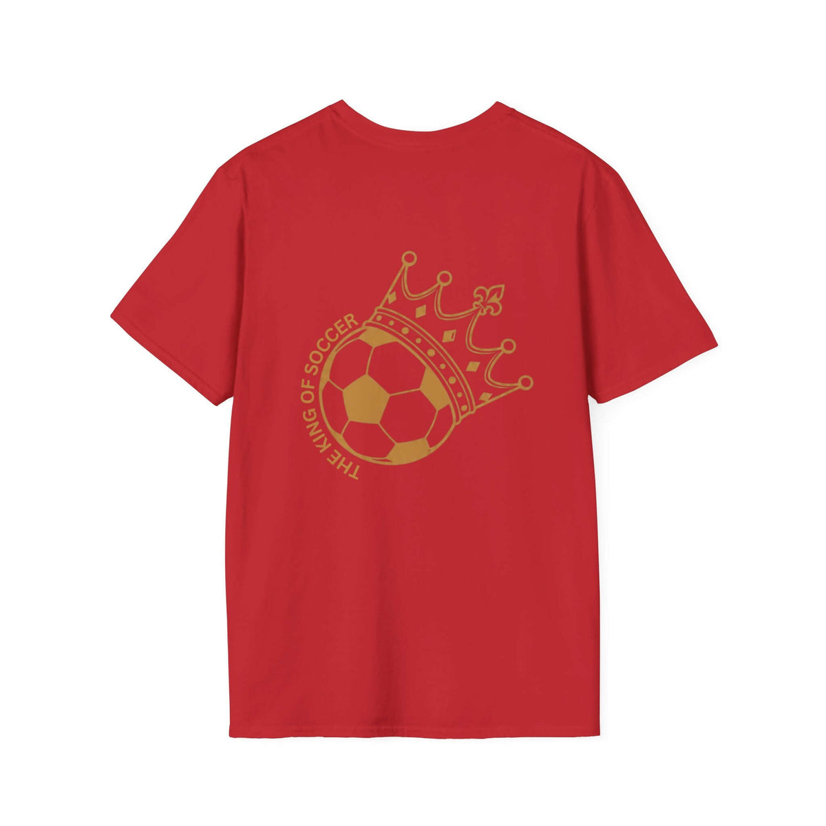 The King of Soccer crowned soccer ball graphic on a red t-shirt, showcasing sporty style and colorful design.