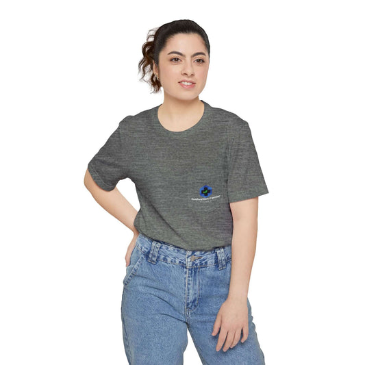 Evaluation Center Pocket T-Shirt — Medical Clinic Logo Tee in Deep Heather color, featuring a left-chest pocket and bold back logo.