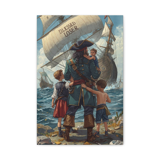 Blessed Loser Canvas Art featuring an adventurous scene with a pirate and children, Nautical Décor, 12x18 inch print.