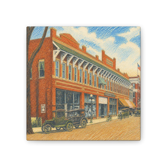 Vintage Main Street Canvas Print — Historic Downtown Building with Classic Cars