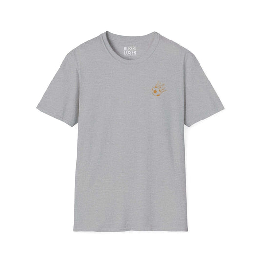 Blessed to Lose, Honored to Win T-Shirt in sport grey with gold graphic on front.
