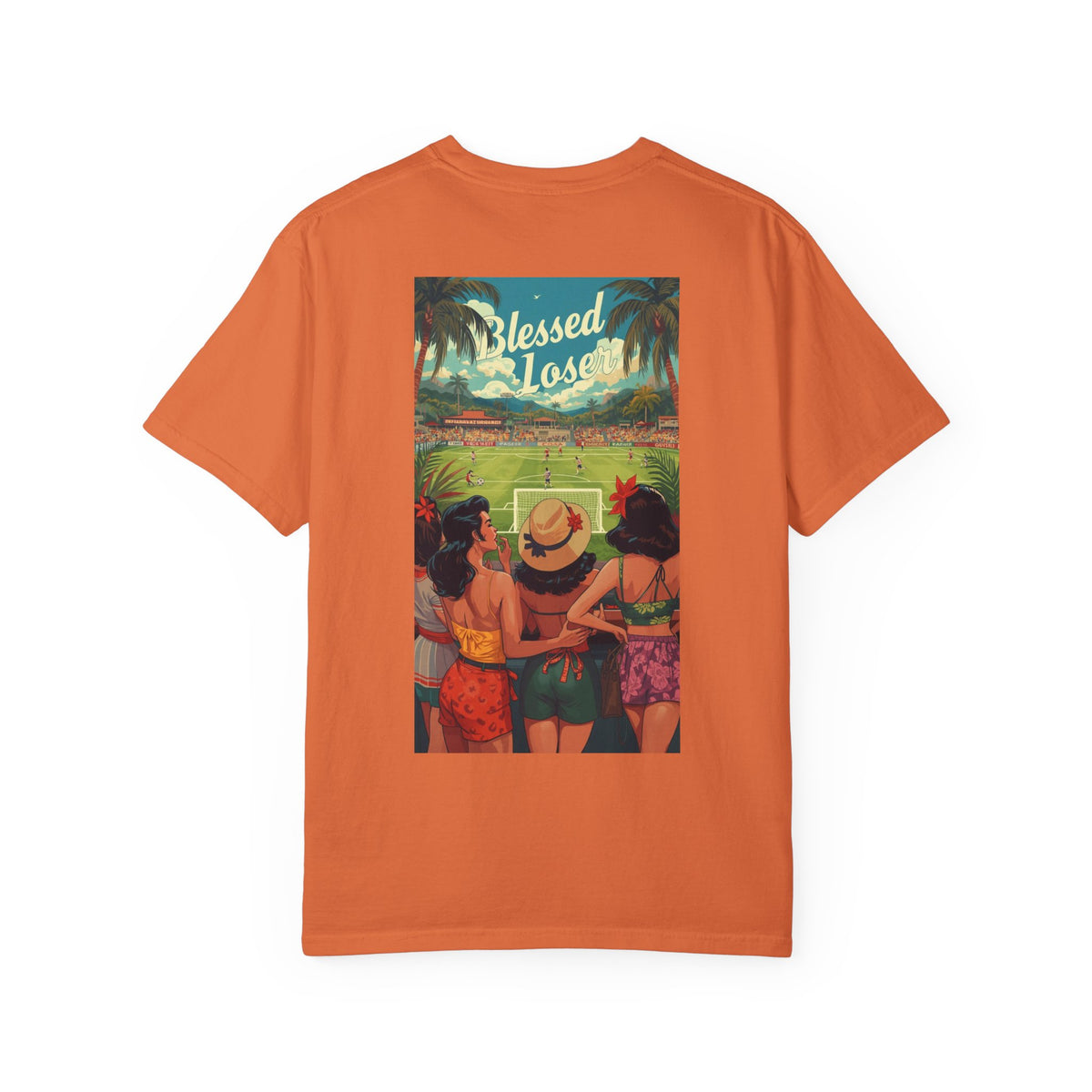 Blessed Losers Garment-Dyed T-Shirt, Comfort colors in burnt orange featuring a colorful design on the back.