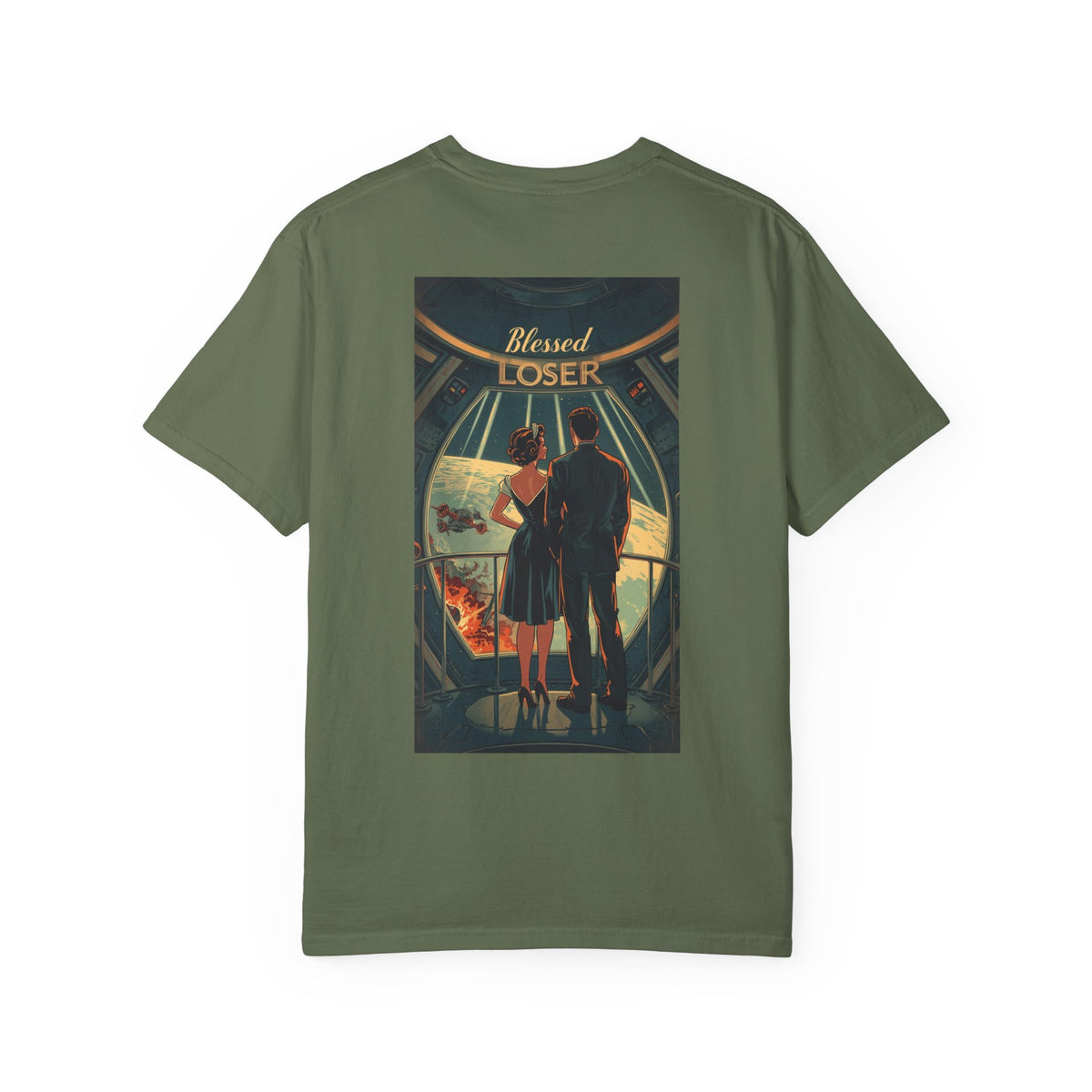 Retro Blessed Loser T-Shirt Comfort Colors in sage green with a unique graphic design on the back.