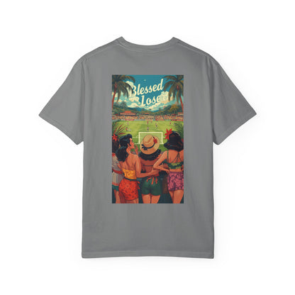Blessed Losers Garment-Dyed T-Shirt, Comfort colors in grey, featuring vibrant colorful back design with friends.