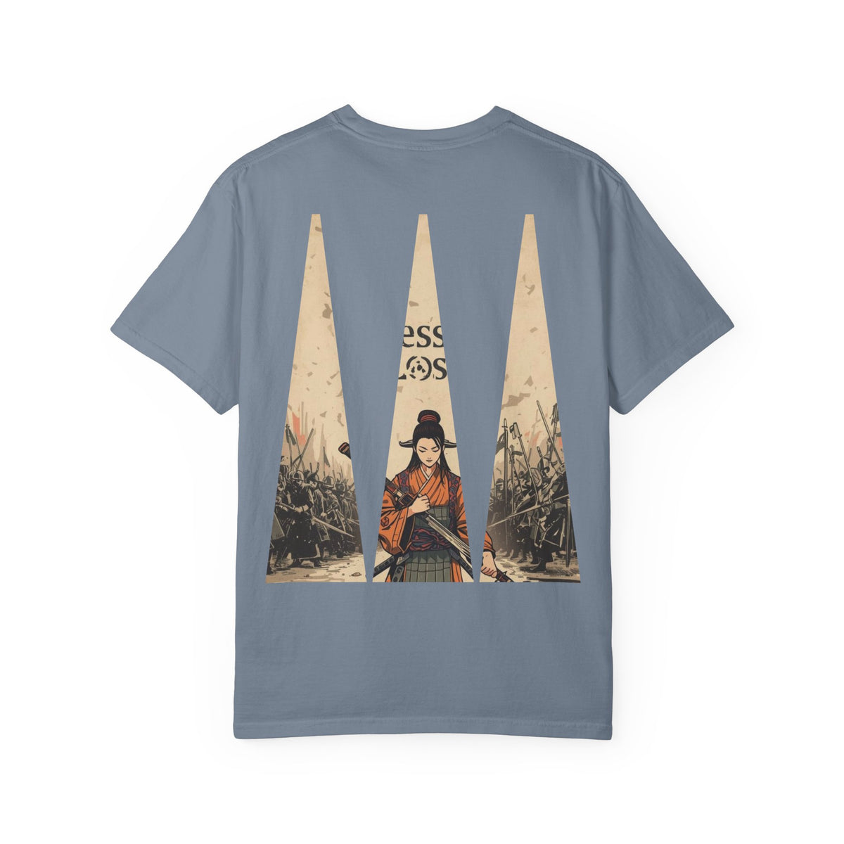 Blessed Loser T-Shirt — Vintage Samurai Triangle Back Print showing vintage illustration on blue jean cotton tee.