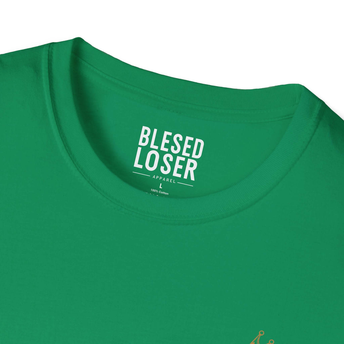 Blessed to Lose, Honored to Win T-Shirt close-up of the collar and tag on a green tee.