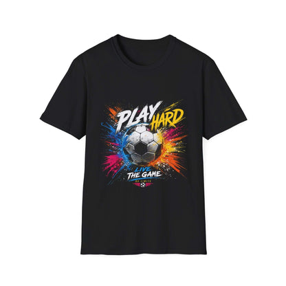 Soccer Splash T-Shirt — "Play Hard, Live" Colorful Football Graphic on a black lightweight cotton tee.