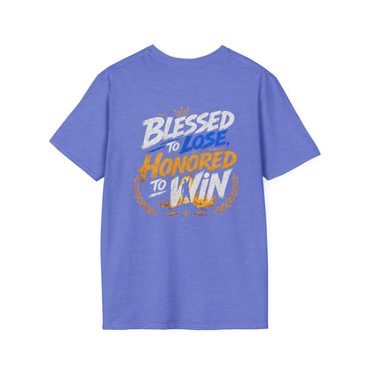 Blessed to Lose, Honored to Win T-Shirt featuring a vibrant back graphic with laurel motifs.