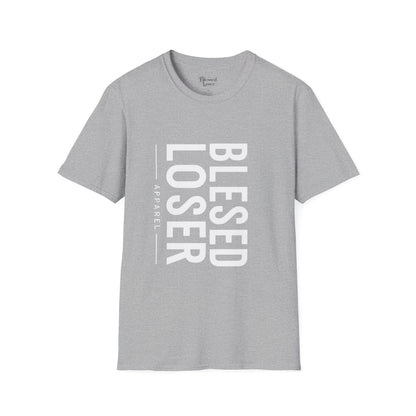 Blessed Loser T-Shirt | Vertical Bold Text Graphic Tee featuring bold text on a gray crew tee.