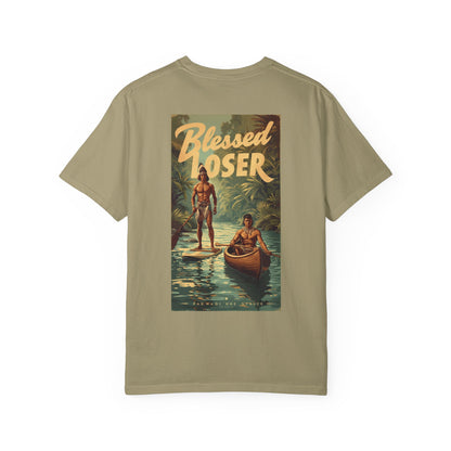 Blessed Loser Unisex T-Shirt, River Trip in khaki featuring a stylish graphic of paddlers.