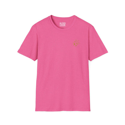 Blessed to Lose, Honored to Win T-Shirt in Heather Heliconia with laurel motifs and a classic fit.
