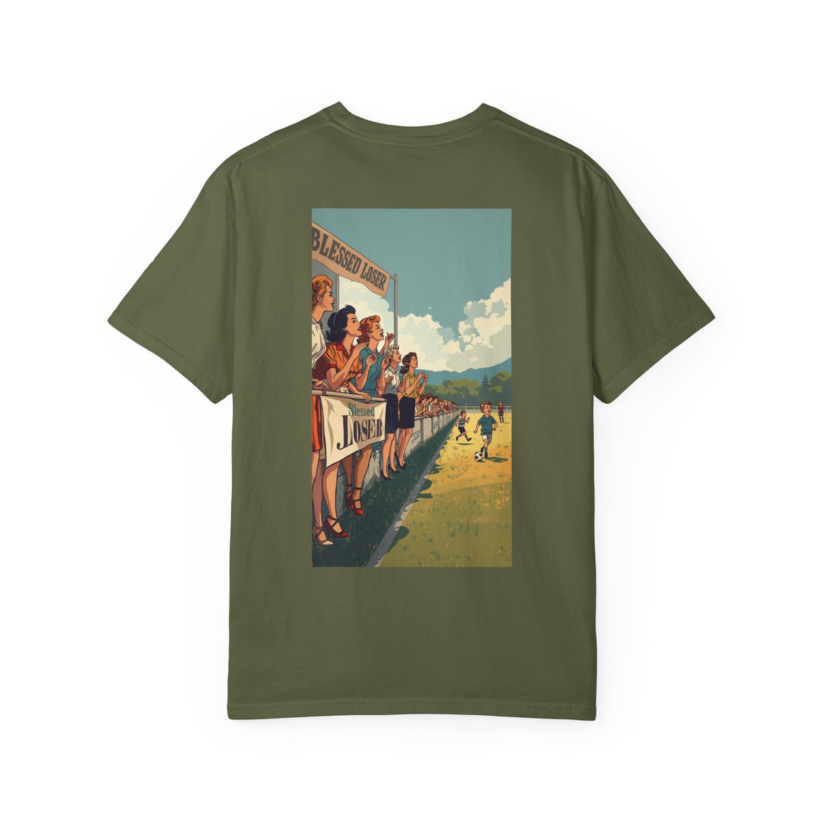 Blessed Loser Graphic T-Shirt, Retro Sports Tee, Casual Unisex Apparel, Comfort Colors in hemp color showcasing a vintage design.