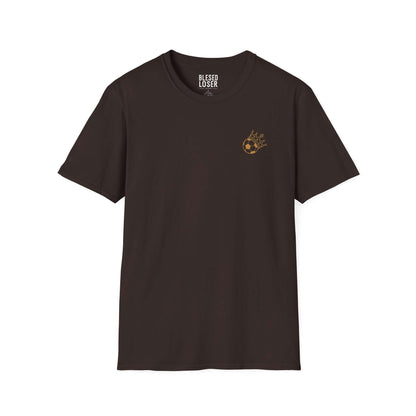 Blessed to Lose, Honored to Win T-Shirt in dark chocolate color featuring a gold graphic.