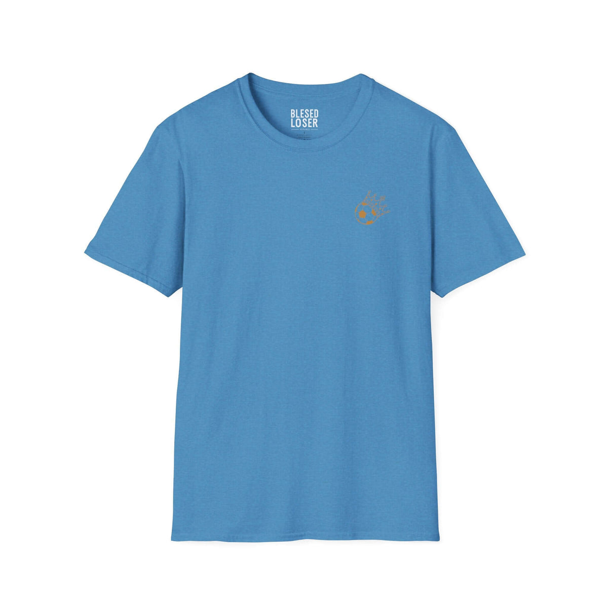 Blessed to Lose, Honored to Win T-Shirt in Heather Sapphire with warm gold graphic on a classic crew cut.