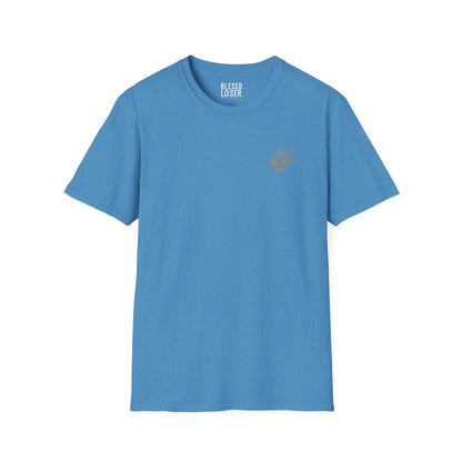 Blessed to Lose, Honored to Win T-Shirt in Heather Sapphire with warm gold graphic on a classic crew cut.