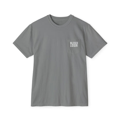 Blessed Loser Graphic Tee, LUU in grey, unisex pocket t-shirt, casual style, 100% cotton, perfect for everyday wear.