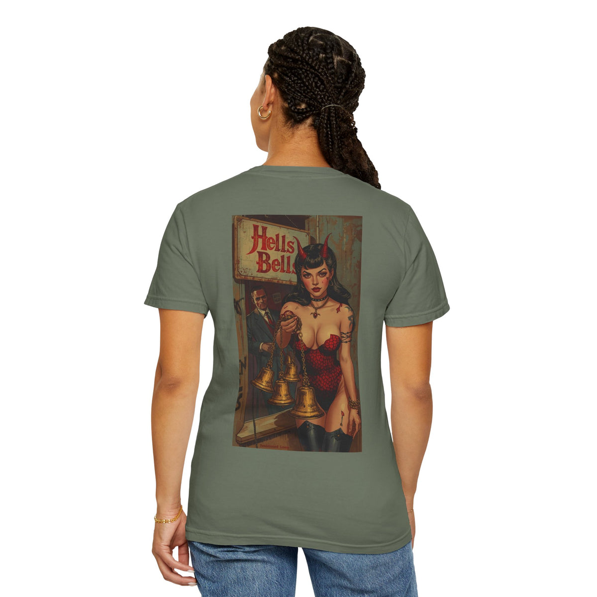 Hells bells Tshirt, Blessed Loser featuring a stylish design with a woman and bells on the back.