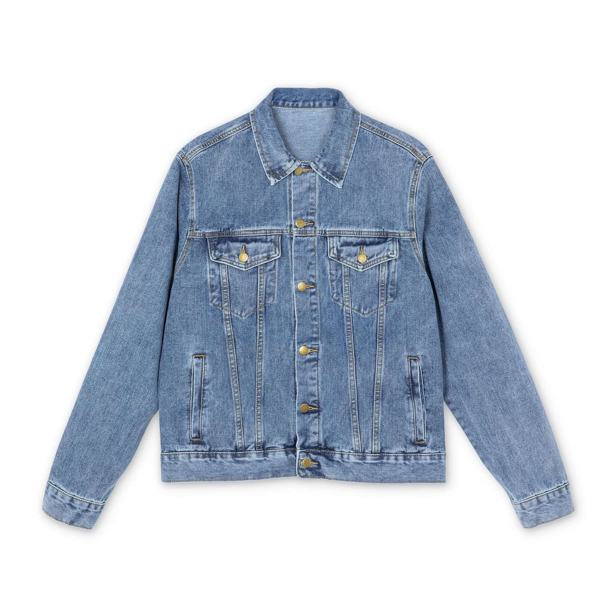 Denim Jacket — Green Skull & Knives Backprint, Men's Casual Streetwear front view, showcasing classic denim style with pockets.
