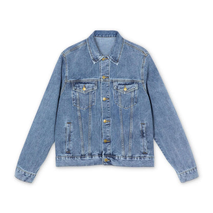 Denim Jacket — Green Skull & Knives Backprint, Men's Casual Streetwear front view, showcasing classic denim style with pockets.