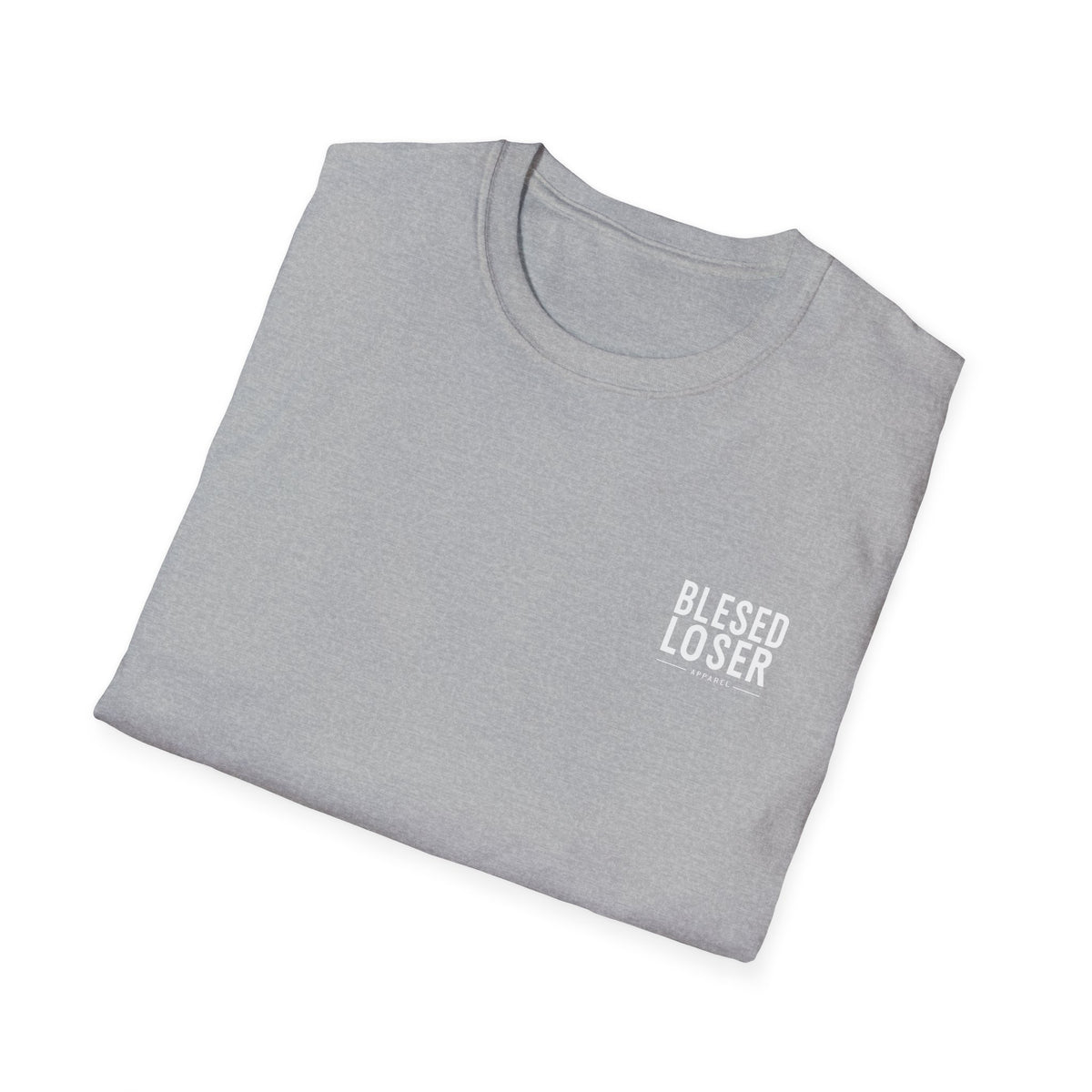 Unisex Softstyle T-Shirt in gray featuring 'Blessed Loser' Design | LUU graphic on the front.