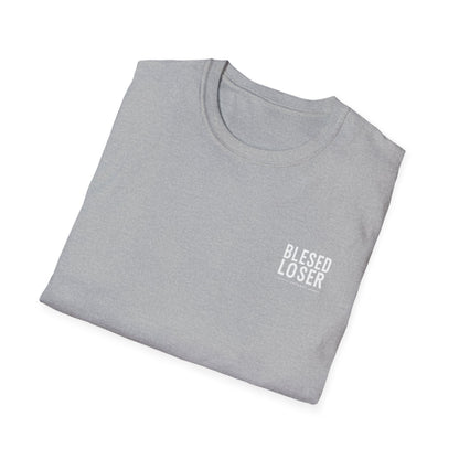 Unisex Softstyle T-Shirt in gray featuring 'Blessed Loser' Design | LUU graphic on the front.