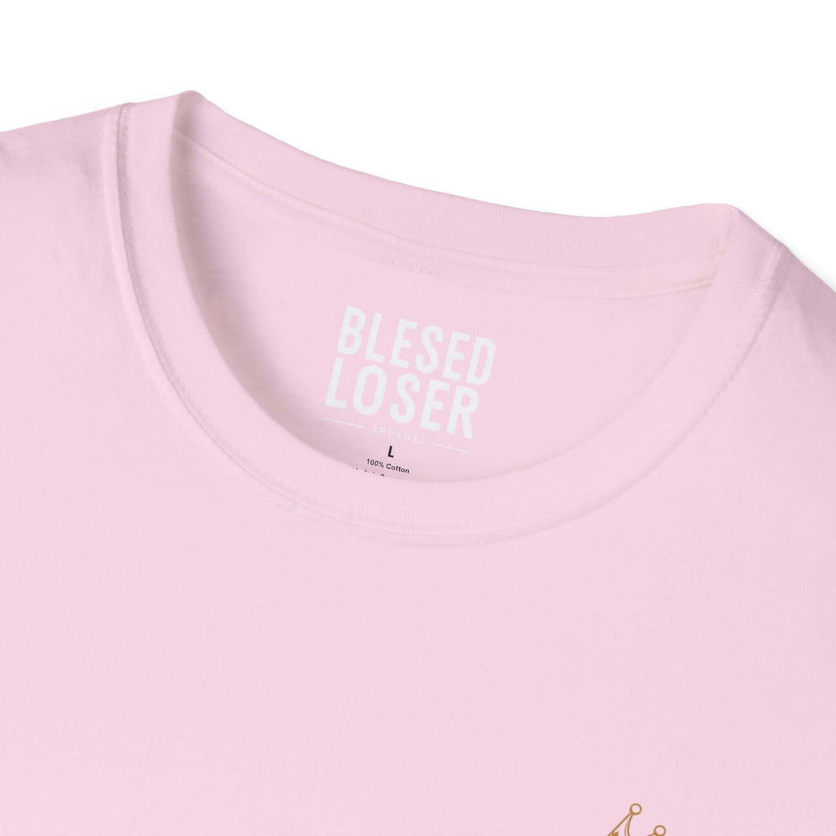 Blessed to Lose, Honored to Win T-Shirt close-up of neck label showing brand name and fabric details.