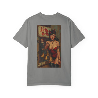 Hells bells Tshirt, Blessed Loser in granite color featuring bold artwork of a woman with scales on the back.