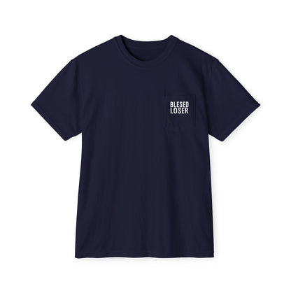 Blessed Loser Graphic Tee, LUU in navy with pocket design, perfect for casual everyday wear.