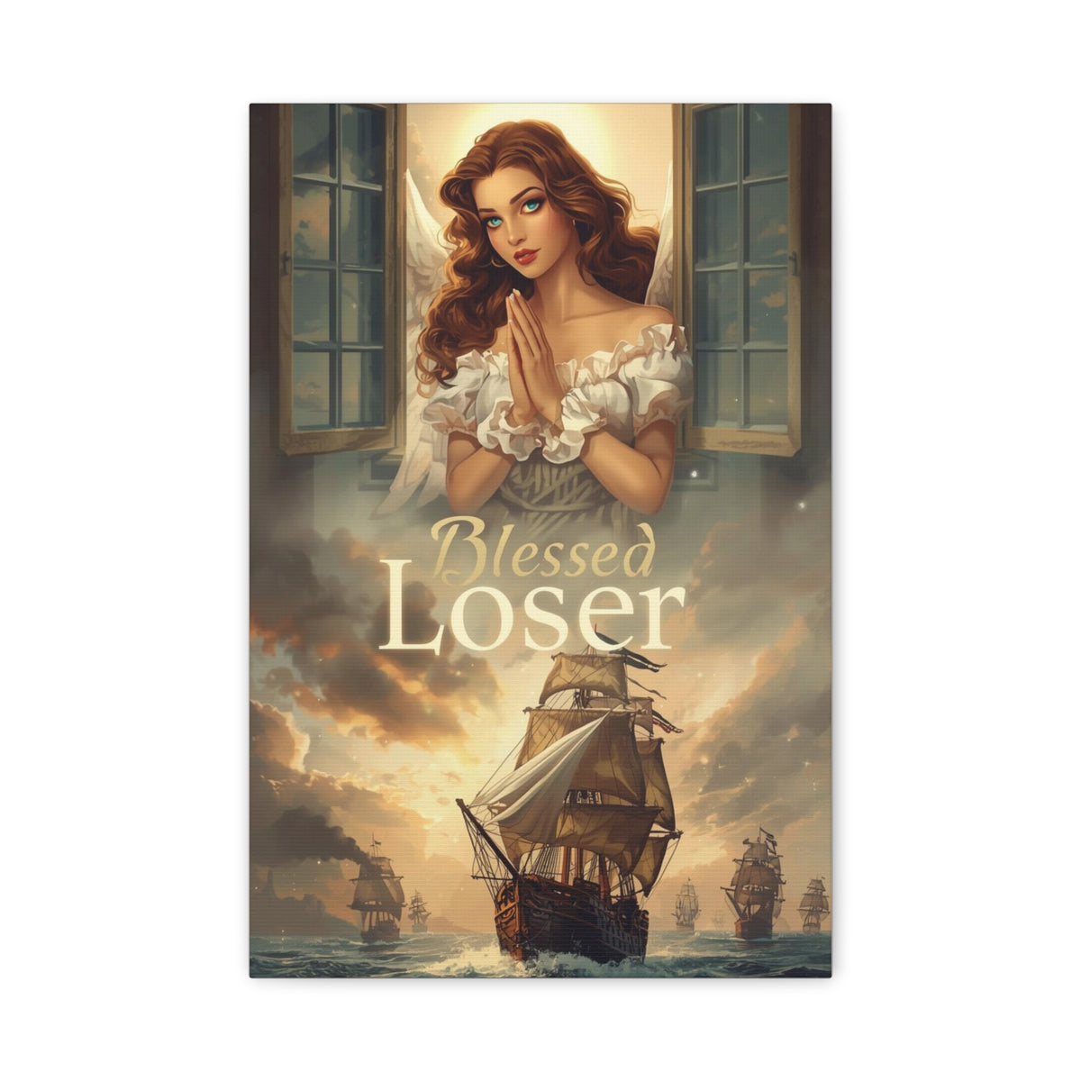 Blessed Loser Design Canvas Wall Art, featuring a serene woman and sailing ships, size 12" x 18", depth 1.25".