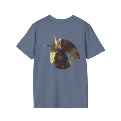 Alt Tag: pirate graphic t-shirt featuring a colorful illustration on the back of a blue tee.