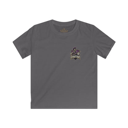 Kids Tee — South Georgia Spartans Soccer Logo Shirt in charcoal with Spartan mascot emblem on chest.