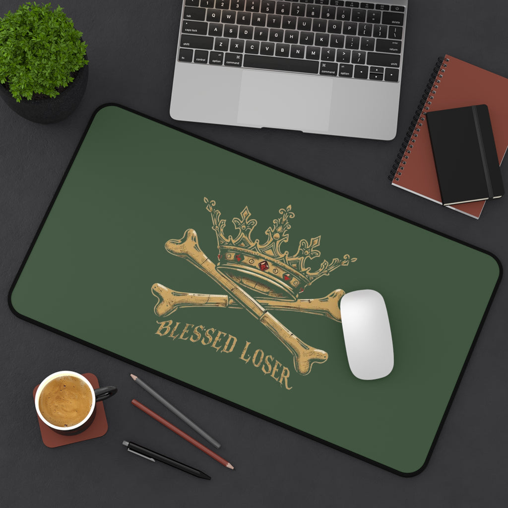 Blessed Loser Desk Mat — Crown & Crossbones Green Gaming/Office Mouse Pad
