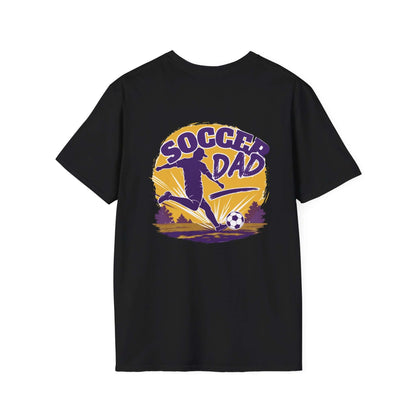 Soccer Dad T-Shirt — Retro Soccer Dad Tee, Father’s Day Gift, black shirt with colorful retro design on back.