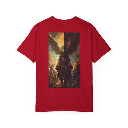 Epic Fantasy Adventure Graphic T-Shirt - Unisex, Comfortable Tee, Unique Gift for Fans, Perfect for Conventions, Everyday Wear on red fabric.