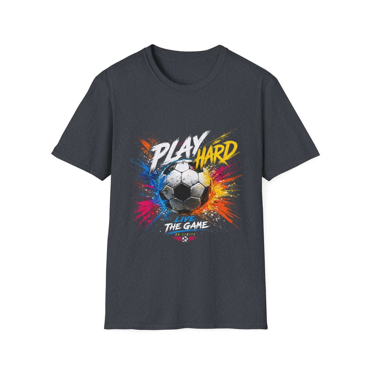 Soccer Splash T-Shirt — "Play Hard, Live" Colorful Football Graphic in Dark Heather Grey with vibrant splash-art design.