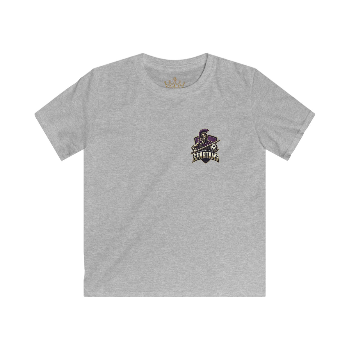 Kids Tee — South Georgia Spartans Soccer Logo Shirt in Sport Grey featuring a Spartan emblem on chest.