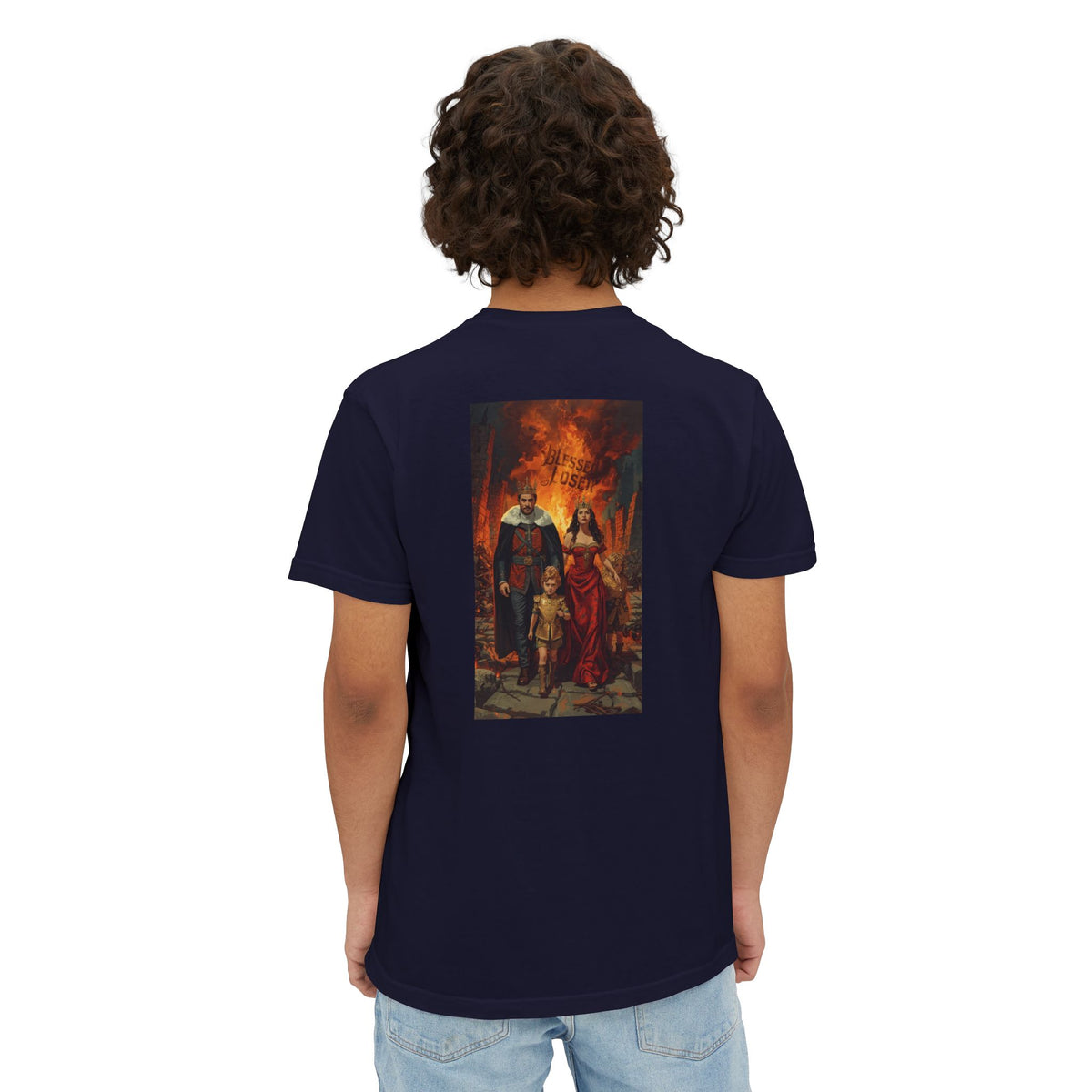 Person wearing a Bridge Burn Pocket T-Shirt - Blessed Loser with vintage artwork on the back.