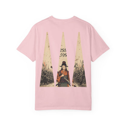 Blessed Loser T-Shirt — Vintage Samurai Triangle Back Print in blossom pink with vintage illustration and battlefield scene.