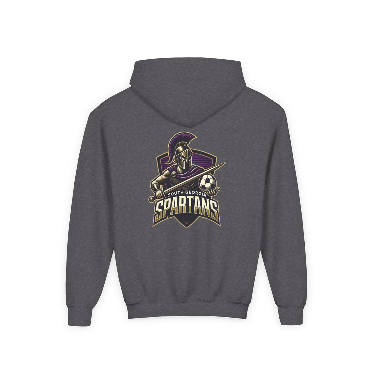 Spartans Youth Hoodie — South Georgia Spartans Soccer Team Logo with bold Spartan emblem and soccer ball design.