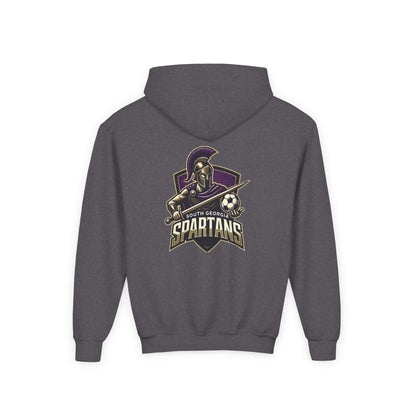Spartans Youth Hoodie — South Georgia Spartans Soccer Team Logo with bold Spartan emblem and soccer ball design.
