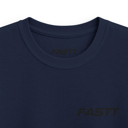 Kids Tee — 'FASTT' Soccer Ball with Crown Graphic Youth футболка navy blue close-up showing the FASTT logo.